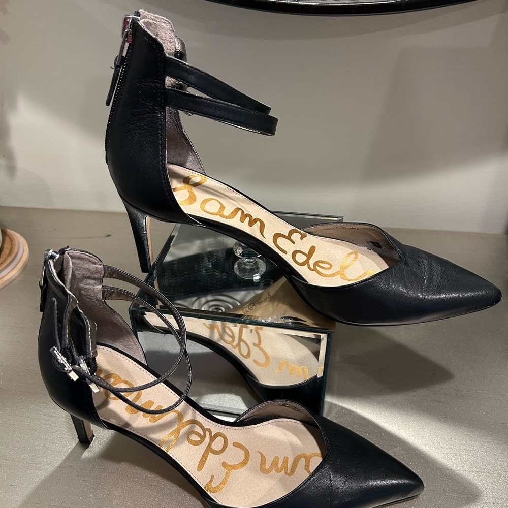 Sam Edelman Black Leather Ankle-Strap Pointed Pumps